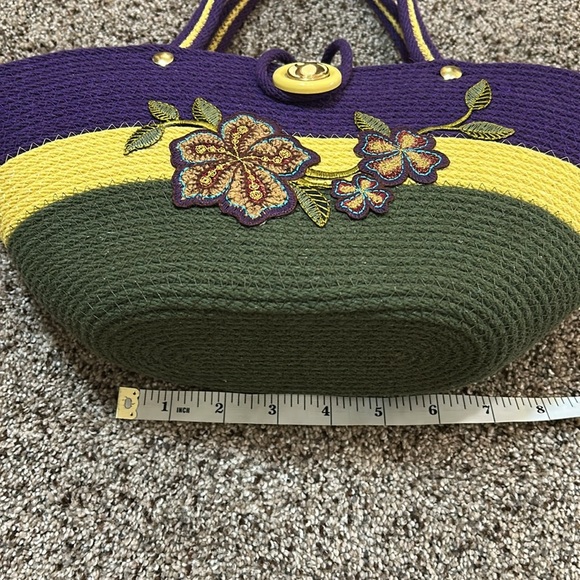 Unique Woven Rope Jute Bucket Floral Embroidered Purple and Green Handbag - Picture 13 of 16